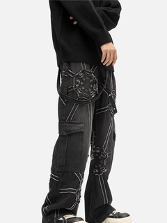 Spider Web Denim Cargo Pants – Loose Straight Fit Streetwear Jeans with Side Pockets