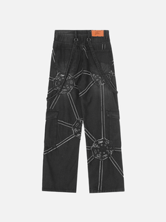 Spider Web Denim Cargo Pants – Loose Straight Fit Streetwear Jeans with Side Pockets