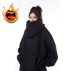 Loose High Collar Fleece-Lined Hoodie – Warm Oversized Pullover for Men & Women