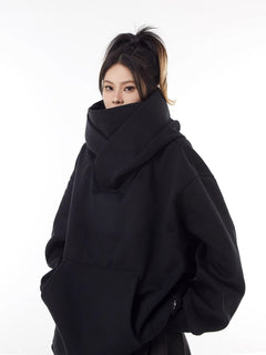 Loose High Collar Fleece-Lined Hoodie – Warm Oversized Pullover for Men & Women