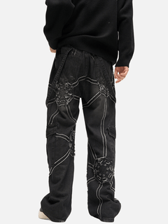 Spider Web Denim Cargo Pants – Loose Straight Fit Streetwear Jeans with Side Pockets