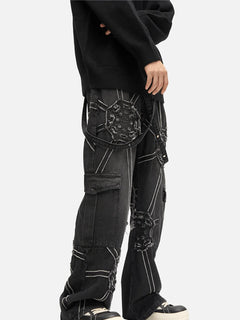 Spider Web Denim Cargo Pants – Loose Straight Fit Streetwear Jeans with Side Pockets