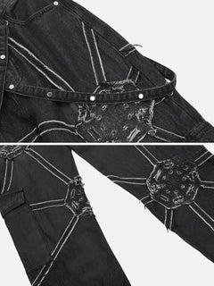 Spider Web Denim Cargo Pants – Loose Straight Fit Streetwear Jeans with Side Pockets