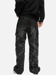 Spider Web Denim Cargo Pants – Loose Straight Fit Streetwear Jeans with Side Pockets