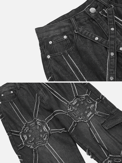 Spider Web Denim Cargo Pants – Loose Straight Fit Streetwear Jeans with Side Pockets