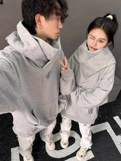 Loose High Collar Fleece-Lined Hoodie – Warm Oversized Pullover for Men & Women