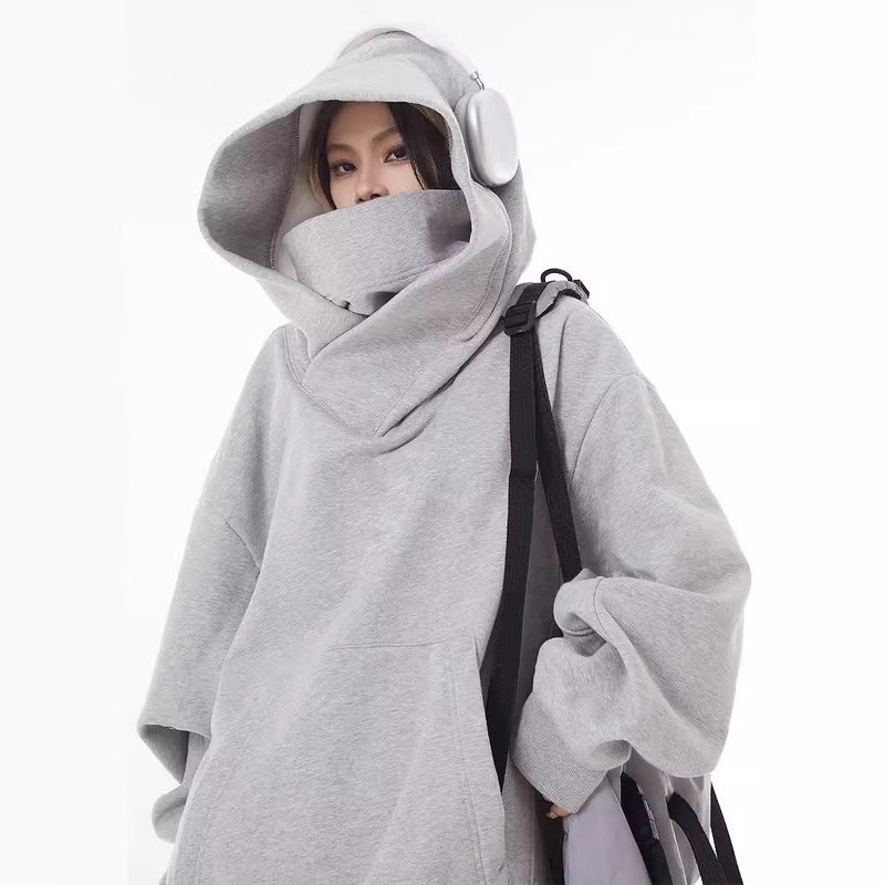 Loose High Collar Fleece-Lined Hoodie – Warm Oversized Pullover for Men & Women