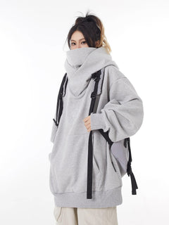 Loose High Collar Fleece-Lined Hoodie – Warm Oversized Pullover for Men & Women