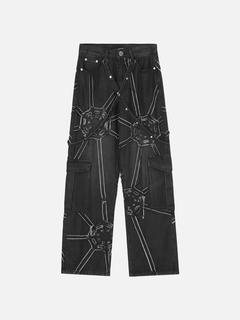 Spider Web Denim Cargo Pants – Loose Straight Fit Streetwear Jeans with Side Pockets