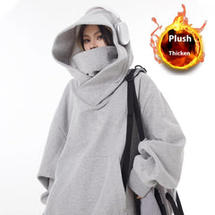 Loose High Collar Fleece-Lined Hoodie – Warm Oversized Pullover for Men & Women